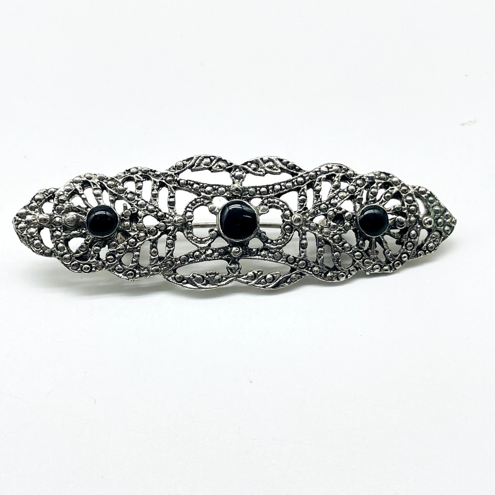 Vintage Silver Tone Filigree Bar Brooch Black Bead Accents Ornate Openwork Pin